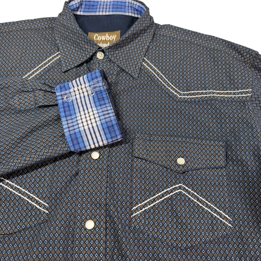 Cowboy Legend Western Pearl Snap Shirt Men's L Geometric Rodeo Long Sleeve VTG